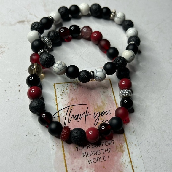 Black Lava, Howlite & Red Agate Bracelet Set - Picture 3 of 3